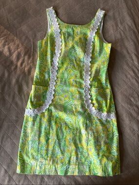 Lilly Pulitzer Yellow and Green Floral Shift Dress with White Trim